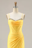 Sparkly Yellow Ruched Mermaid Long Corset Prom Dress with Beading