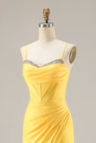 Sparkly Yellow Ruched Mermaid Long Corset Prom Dress with Beading