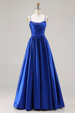 Royal Blue A Line Satin Spaghetti Straps Long Prom Dress with Beading