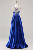 Royal Blue A Line Satin Spaghetti Straps Long Prom Dress with Beading