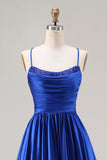 Royal Blue A Line Satin Spaghetti Straps Long Prom Dress with Beading