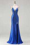 Sparkly Royal Blue Mermaid Beaded Long Satin Prom Dress with Slit