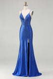 Sparkly Royal Blue Mermaid Beaded Long Satin Prom Dress with Slit