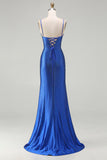 Sparkly Royal Blue Mermaid Beaded Long Satin Prom Dress with Slit