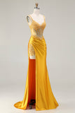 Sparkly Yellow Satin Mermaid Ruched Long Corset Prom Dress with Slit