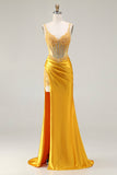 Sparkly Yellow Satin Mermaid Ruched Long Corset Prom Dress with Slit