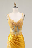 Sparkly Yellow Satin Mermaid Ruched Long Corset Prom Dress with Slit