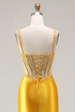 Sparkly Yellow Satin Mermaid Ruched Long Corset Prom Dress with Slit