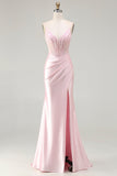 Sparkly Pink Mermaid Beaded Satin Long Corset Prom Dress with Slit