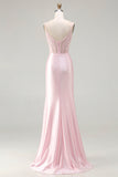 Sparkly Pink Mermaid Beaded Satin Long Corset Prom Dress with Slit