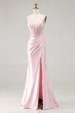 Sparkly Pink Mermaid Beaded Satin Long Corset Prom Dress with Slit