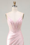 Sparkly Pink Mermaid Beaded Satin Long Corset Prom Dress with Slit