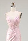 Sparkly Pink Mermaid Beaded Satin Long Corset Prom Dress with Slit
