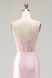 Sparkly Pink Mermaid Beaded Satin Long Corset Prom Dress with Slit