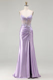 Sparkly Sequin Floral Light Purple Long Corset Prom Dress with Slit