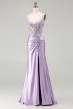 Sparkly Sequin Floral Light Purple Long Corset Prom Dress with Slit