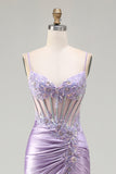 Sparkly Sequin Floral Light Purple Long Corset Prom Dress with Slit