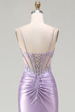 Sparkly Sequin Floral Light Purple Long Corset Prom Dress with Slit