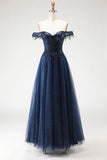 Sparkly Tulle Navy A-Line Tulle Long Corset Prom Dress with Beading