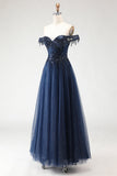 Sparkly Tulle Navy A-Line Tulle Long Corset Prom Dress with Beading