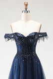 Sparkly Tulle Navy A-Line Tulle Long Corset Prom Dress with Beading
