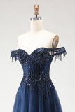 Sparkly Tulle Navy A-Line Tulle Long Corset Prom Dress with Beading