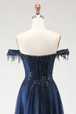 Sparkly Tulle Navy A-Line Tulle Long Corset Prom Dress with Beading