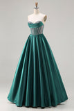 Sparkly Dark Green Sweetheart Satin Long Corset Prom Dress with Beading