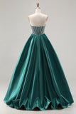 Sparkly Dark Green Sweetheart Satin Long Corset Prom Dress with Beading