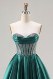 Sparkly Dark Green Sweetheart Satin Long Corset Prom Dress with Beading