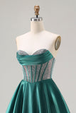 Sparkly Dark Green Sweetheart Satin Long Corset Prom Dress with Beading