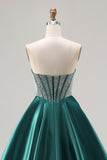 Sparkly Dark Green Sweetheart Satin Long Corset Prom Dress with Beading