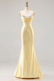 Sparkly Light Yellow Mermaid Beaded Satin Long Corset Prom Dress