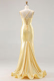 Sparkly Light Yellow Mermaid Beaded Satin Long Corset Prom Dress