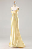 Sparkly Light Yellow Mermaid Beaded Satin Long Corset Prom Dress