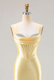 Sparkly Light Yellow Mermaid Beaded Satin Long Corset Prom Dress