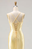 Sparkly Light Yellow Mermaid Beaded Satin Long Corset Prom Dress