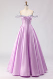 Sparkly Light Purple Off the Shoulder A Line Long Corset Prom Dress with Beading
