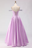 Sparkly Light Purple Off the Shoulder A Line Long Corset Prom Dress with Beading