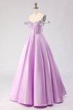 Sparkly Light Purple Off the Shoulder A Line Long Corset Prom Dress with Beading
