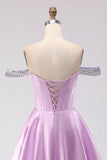 Sparkly Light Purple Off the Shoulder A Line Long Corset Prom Dress with Beading