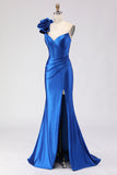 Royal Blue Satin Beaded Mermaid Long Corset Prom Dress with Slit