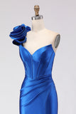 Royal Blue Satin Beaded Mermaid Long Corset Prom Dress with Slit