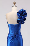 Royal Blue Satin Beaded Mermaid Long Corset Prom Dress with Slit