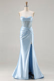 Sparkly Sky Blue Sweetheart Beaded Mermaid Long Corset Prom Dress with Slit