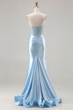 Sparkly Sky Blue Sweetheart Beaded Mermaid Long Corset Prom Dress with Slit