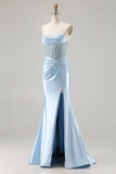 Sparkly Sky Blue Sweetheart Beaded Mermaid Long Corset Prom Dress with Slit