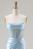 Sparkly Sky Blue Sweetheart Beaded Mermaid Long Corset Prom Dress with Slit
