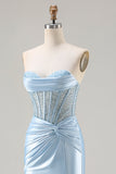 Sparkly Sky Blue Sweetheart Beaded Mermaid Long Corset Prom Dress with Slit