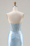 Sparkly Sky Blue Sweetheart Beaded Mermaid Long Corset Prom Dress with Slit